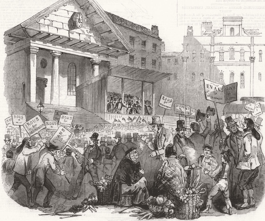 LONDON. Westminster Election-Hustings, Covent Garden 1846 old antique print